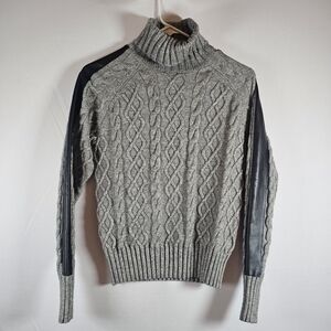 NWT Evereve Gray Cable Knit Turtleneck Sweater with Black Faux Leather Sleeves